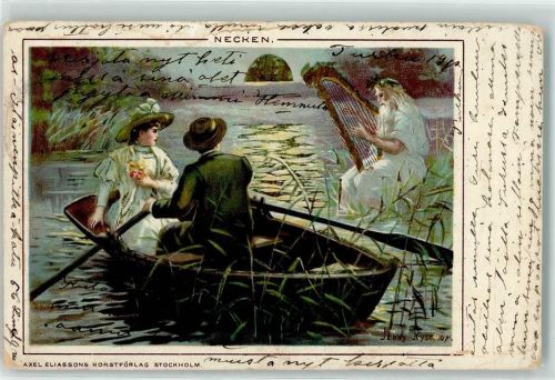 1900 Liebespaar im Ruderboot Wassergott mit einer Harfe Lithographie
