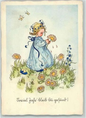 1938 sign. Margret Savelsberg Blüten zupfen Poesie / Liebe AK