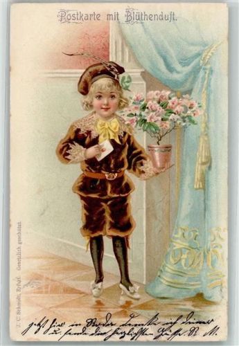 1905 Blütenduft Mittelakter Kind mit einem Brief und Blumentopf Verlag J.C. Schmidt Lithographie