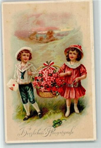 1916 Schwarz-Weiß-Rot Schleife Korb mit Blumen Brief Kinder AK