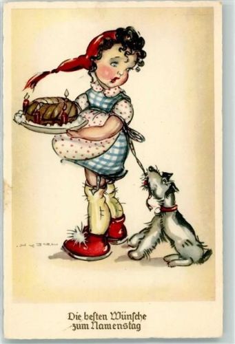 Namenstag Kind mit einem Kuchen und Hund AK