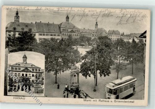 63450 W6450 Hanau 1915 - Markt Rathaus Grimmdenkmal Straßenbahn Stempel Turn und Fechtklub