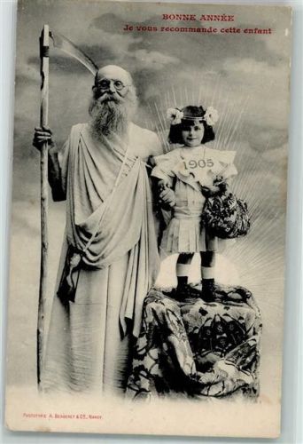 1905 Bonne Annee Phototypie A. Bergeret Mann mit Sense , Kind mit der Jahreszahl 1905