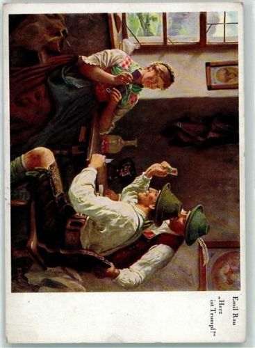 sign. Rau Emil Herz ist Trumpf , Bayr. Tracht Skat Künstlerkarte