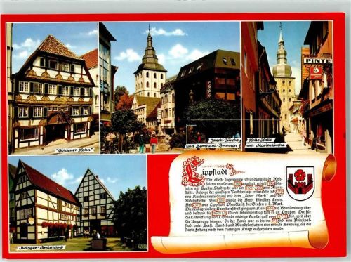 Lippstadt Goldener Hahn Jakobi Kirche und Bernhard Brunnen Heile Halle u. Marienkirche Metzger Amtshaus Wappen