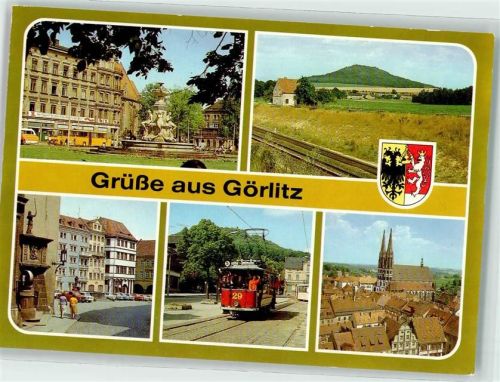 Görlitz Zierbrunnen am Platz der Befreiung Gelenkbus Landeskrone Blick zum Untermark Straßenbahn-Oldtimer Nr. 29 Altstadt m. Vogtshof u. Peterskirche Wappen
