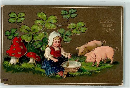 1913 Prägedruck Neujahr Pilz Kind mit einem Löffel Golddruck