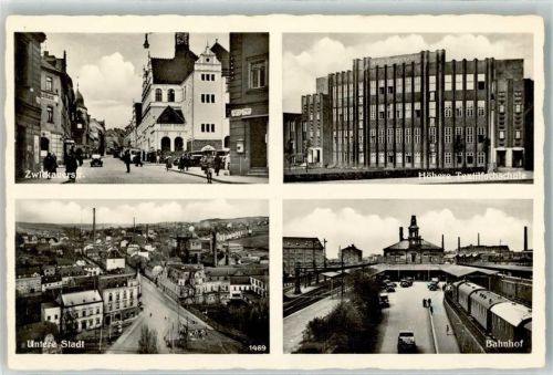 08468 O9800 Reichenbach , Vogtl Foto AK Zwickauerstraße Höhere Textilfachschule Bahnhof Autos Eisenbahn Fabrik