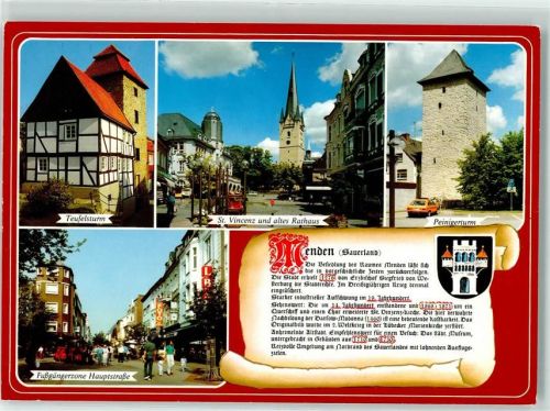 Menden Teufelsturm St. Vincenz und altes Rathaus Peinigerturm Fußgängerzone Hauptstraße Wappen