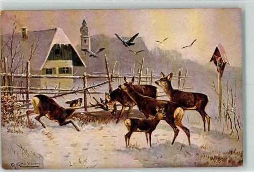 Winter Rehe Flurkreuz sign. M. Müller Serie 496