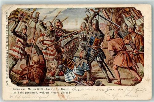 Kraiburg Volksschauspielszene aus Martin Greif Ludwig der Bayer Schlachtszene Ritter Nach Originalzeichnung von Joseph Schäfer
