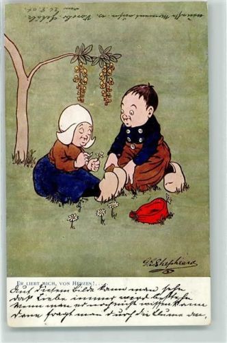 1904 M. Munk 185 sign. Shepheard Georg - Kinderpoesie Er liebt mich von Herzen, Blüten zupfen