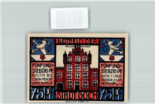 Goch Notgeld 75 Pfennig Haus zu den fünf Ringen Löwe Blume Holland Schmuggler
