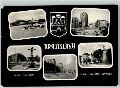 Bratislava Hotel Carlton Denkmal Raddampfer Autos Hochhaus Wappen