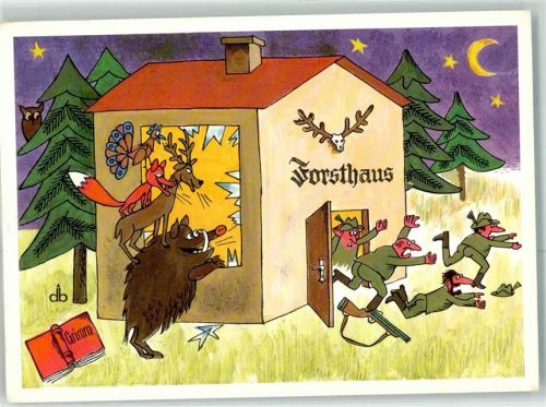 Humor Forsthaus Jäger Wildschwein Hirsch Fuchs Pfau sign.Dietrich Bauer