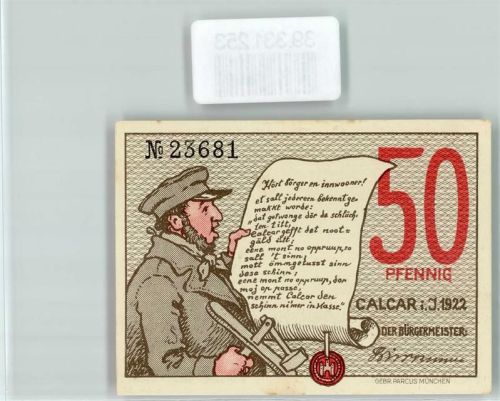 Kalkar Notgeld 50 Pfennig Kirche Mann Mütze Schriftrolle