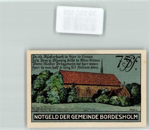 Bordesholm 1921 Notgeld 75 Pfennig Gemeinde Bordesholm