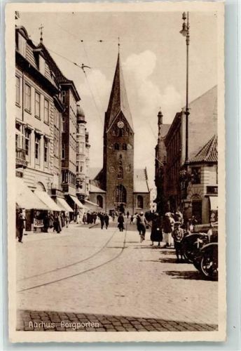 Aarhus Borgporten Kirche Gleise Geschäft Uhr Auto