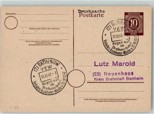 Rathenow Sonderstempel Verkehrs Erziehungs Woche 1947 Augen auf im Straßenverkehr Ganzsache