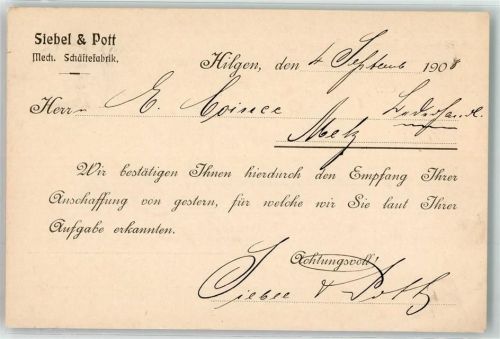 Hilgen 1908 Schäftefabrik Siebel & Pott Postkarte