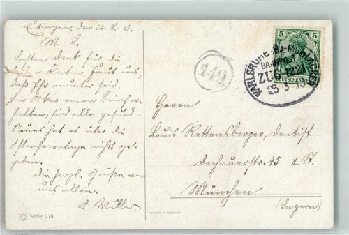 W7500 Karlsruhe , Baden Karlsruhe Baden - Mühlacker Zug 1221 Serie 270 Bahnpoststempel 1913