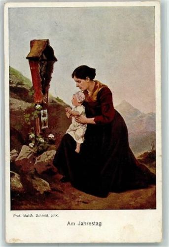 1917 Am Jahrestag Mutter Baby Grab sign.Prof.Matth.Schmid Verlag ASM Nr.1473