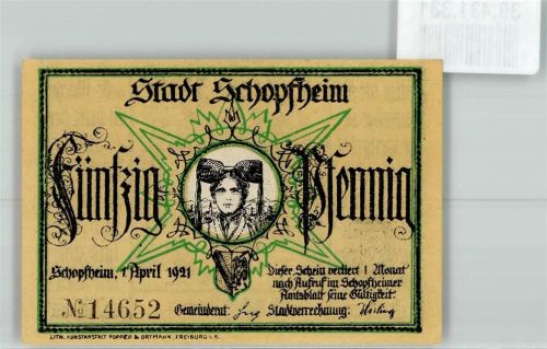 Schopfheim 1921 Fünfzig Pfennig Nr.14652 Tracht Die Häfnet Jungfrau Gedicht Johann Peter Hebel