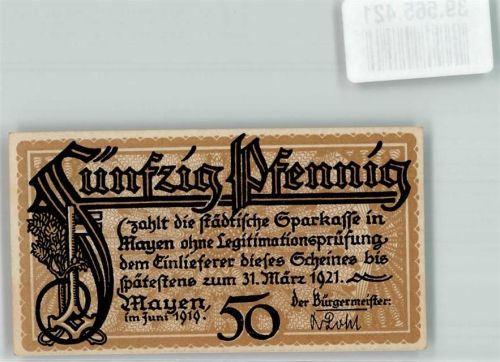 Mayen Notgeld 50 Pfennig bis 31. März 1921 Brückentor Genovevaburg Brücke