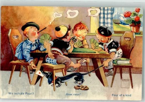 Kinder spielen Karten und rauchen Dackel Feldpost Genieschulen Serie Nr. 7