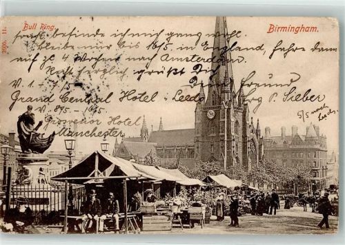 Birmingham 1908 Gebrauchsspuren Bull Ring Marktszene Kirche Denkmal