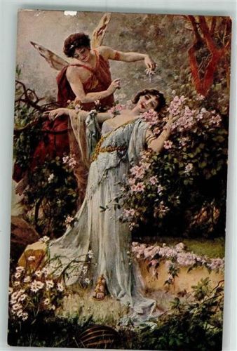 Liebeserwachen Amor Engel mit junger Frau in Frühlingshafter Landschaft M.J.S. 132