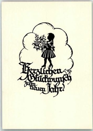 Scherenschnitt Neujahr Mädchen mit Blumenstrauß Hessischer Heimatverlag Chlodwig Rinck