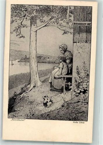 Abendläuten Mutter und Kind schauen auf den Rhein Löwe, M. 1928 Künstlerkarte