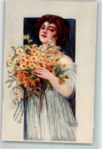 sign. Vecchi Junge Frau mit einem Blumenstrauß Künstler Künstlerkarte