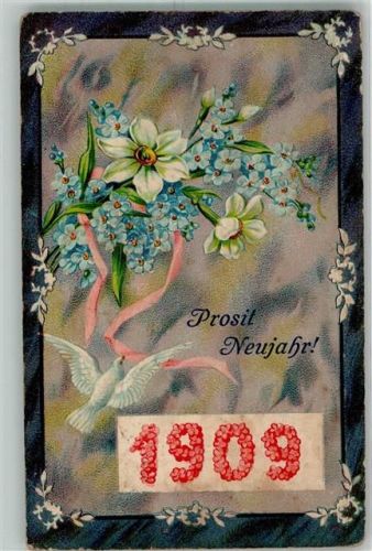 1908 Prägedruck Neujahr 1909 weiße Taube Vergissmeinnicht