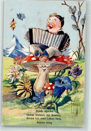 1949 Nr. 29 Kind Ziehharmonika Tiere Pflanzen Pilz vermenschlicht