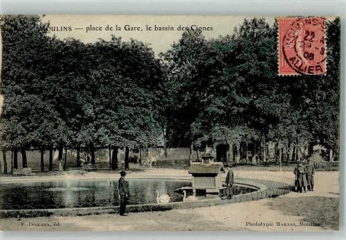 Moulins 1906 Bahnhof Platz Briefmarke Bildseite
