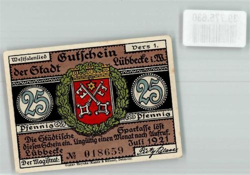 Lübbecke 1921 25 Pfennig Gutschein No. 018659