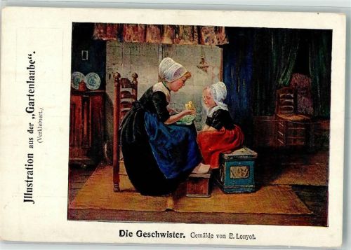 Roman : Die Gartenlaube 1908 von der Schriftstellerin Heimburg Die Geschwister Gemälde sign. Louyot , Holzschuhe Tracht Fußbank