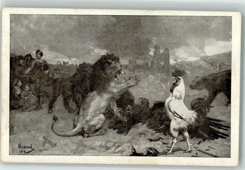 sign. Surand 1916 Der Löwe schlägt den Adler, der Bär und Huhn schauen zu