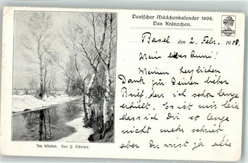 Basel 1908 sign. Schreher F. Im Winter Deutscher Mädchenkalender 1906 Das Kränzchen