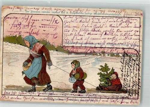 1904 Mutter zieht Schlitten mit Kind und Weihnachtsbaum Winter Künstlersteindruck