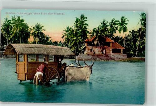 Ochsenkarren Fluss durchquerend Tracht Motiv Indien