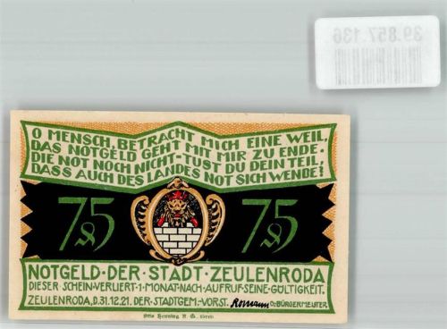 Zeulenroda 1921 75 Pfennig Ziska und Holck