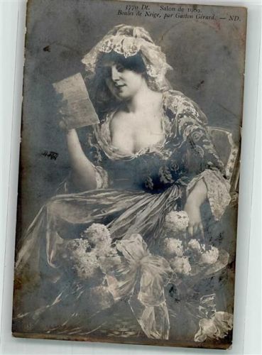 1910 sign. Gerard, Gaston Frau in einem Kleid mit weitem Ausschnitt bei der Lektüre eines Liebesbriefes Salon de 1909 Künstlerkarte
