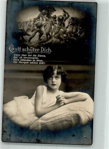 Mädchen spricht ein Gutenachgebet für den Vater an der Front Feldpost WK I Albensen Zensurstempel Christliche Propaganda 1917