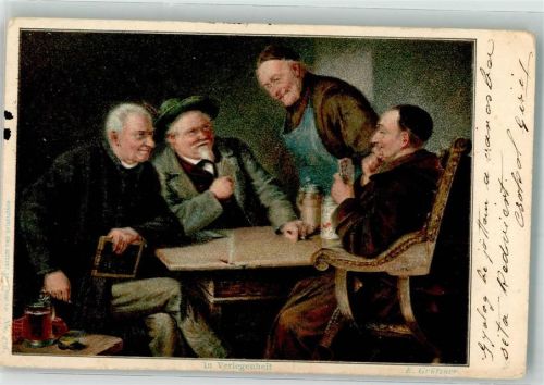 1899 sign. Grützner E. Bierkrug Priester Künstlerkarten