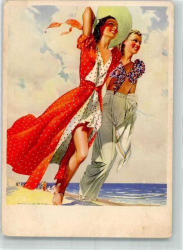 1942 Zwei junge Frauen in leuchtend anmutender Bademode am Strand