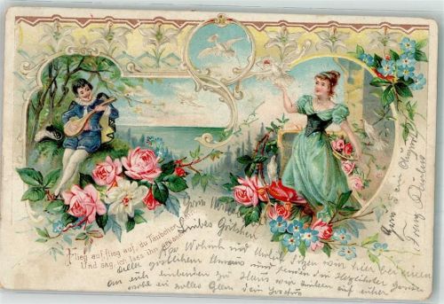 1900 Junge Frau schickt Brieftaube zu auf einer Laute spielenden Mann Rosen Vergissmeinnicht