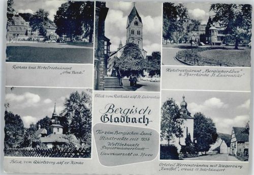 51427 W5060 Bergisch Gladbach - Rathaus, Hotelrestaurant Am Bock, Kirche St. Laurentius, Hotelrestaurant Bergischer Löwe, Blick vom Quirlsberg, Ortsteil Herrenstrunden, Wasserburg Zweiffel